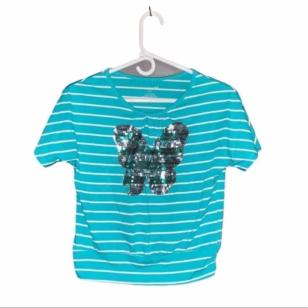 Sequined Butterfly Blue and White Striped Shirt